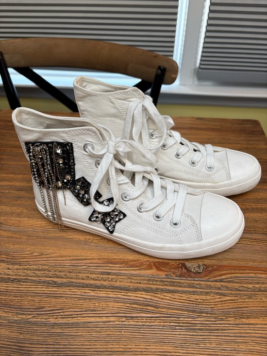 Lauren Lorraine Shoes - Lauren Lorraine White High-Top Sneakers with Black Beaded Patches and Chains